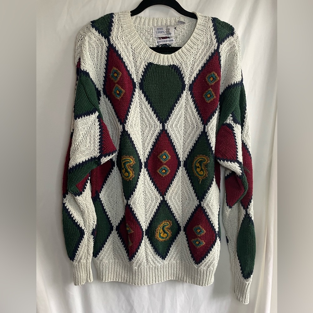 VTG Penn’s Landing Hand Knit Argyle Sweater XL Ramie Cotton Harry Potter Style